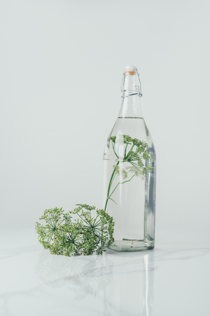 glass bottle with water and dill on tableの写真素材