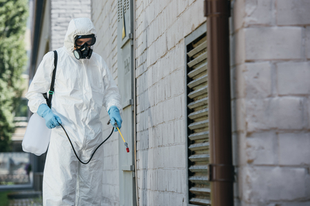 pest control worker spraying pesticides with sprayer on building wall on streetの写真素材