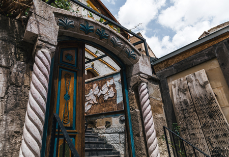 low angle view of entrance and stairs in historical building, cappadocia, turkeyの写真素材