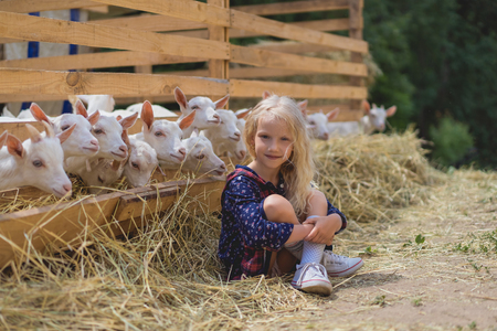 kid sitting on hay near goats behind fences at farm and looking at cameraの写真素材
