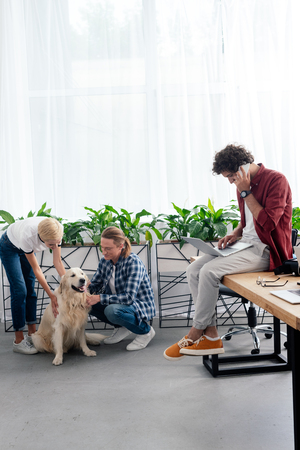 young man talking by smartphone while colleagues stroking dog in officeの写真素材