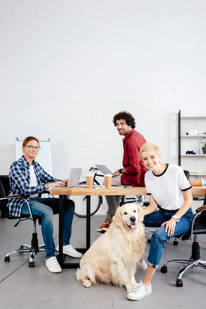 young start up team and dog looking at camera while working in officeの写真素材