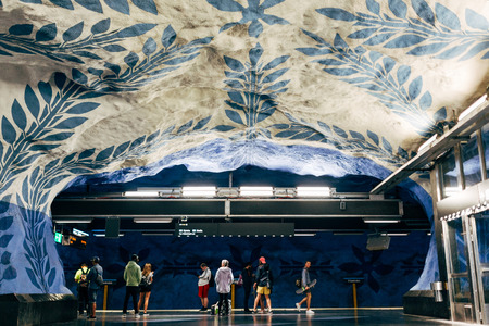 SWEDEN, STOCKHOLM - APRL 27, 2018: modern designed colorful metro station T Centralen in Stockholm, Swedenのeditorial素材