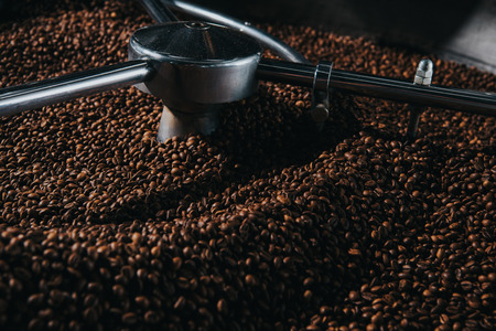 Professional coffee roaster with fresh roasted coffee beansの写真素材