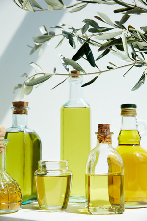 various bottles of aromatic olive oil, branches and jar on white tableの写真素材