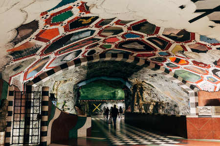 SWEDEN, STOCKHOLM - APRL 27, 2018: modern designed colorful metro station in Stockholm, Swedenのeditorial素材