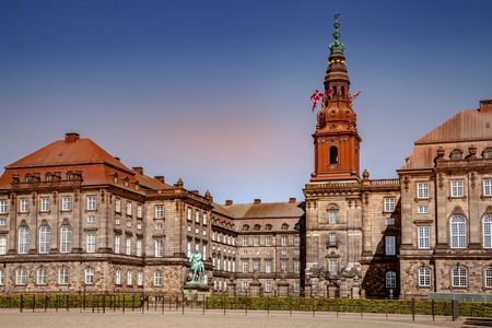 Urban scene with historical Christiansborg Palace and blue sky in Copenhagen, denmarkのeditorial素材