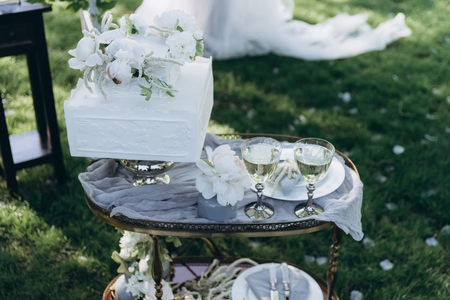 table with wedding cake and glasses of champagne on green grassの写真素材