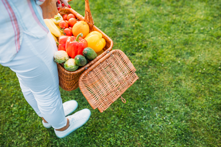 cropped shot of woman holding basket with fresh vegetables for picnic in hands on yardの写真素材