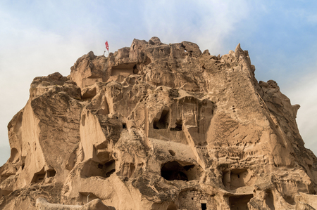 front view of old cave dwellings at Goreme National Park, Cappadocia, Turkeyの写真素材