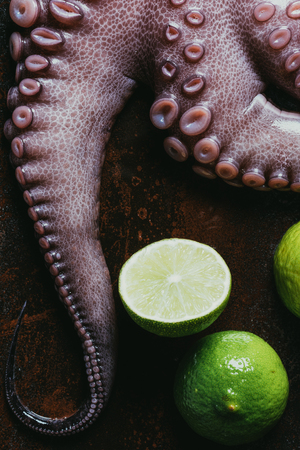 top view of raw octopus tentacles with limes on rusty surfaceの写真素材