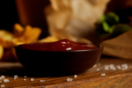 Tomato sauce in saucer on wooden board with saltの写真素材