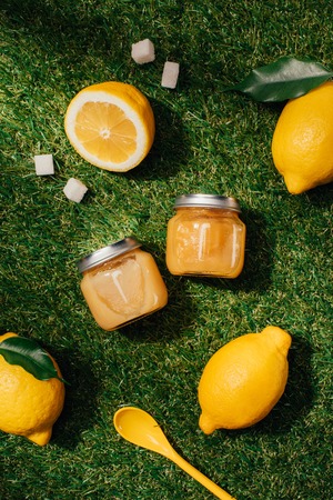 top view of lemons, sugar, puree in jars and spoon on green lawnの写真素材