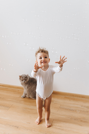 smiling toddler boy in white bodysuit catching soap bubbles with grey cat near by at homeの写真素材