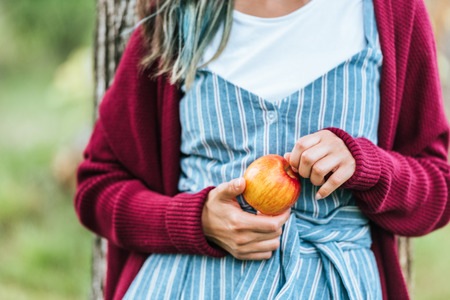 midsection view of girl holding fresh appleの写真素材