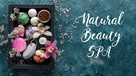 top view of sea salt and organic spa accessories in box and inscription natural beauty spa
