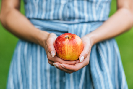 partial view of girl holding one ripe apple in handsの写真素材