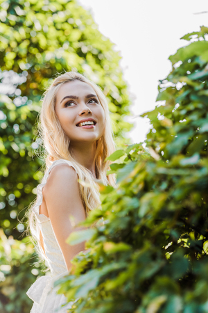 beautiful happy blonde woman smiling and looking up between green plantsの写真素材