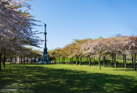 monument between beautiful blooming trees in park, copenhagen, denmarkの写真素材