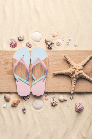 Flip flops and starfish with shells on light sandの写真素材