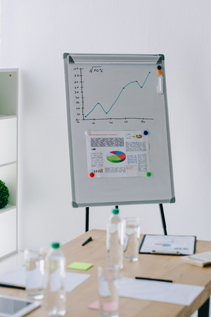 selective focus of white board with graphic, glasses of water and documents at workplace in officeの写真素材