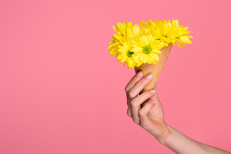 partial view of girl holding waffle cone with beautiful flowers isolated on pink
