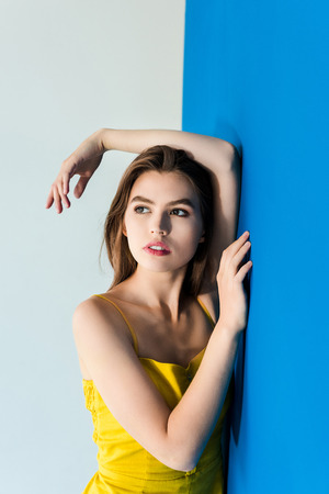 Elegant brunette woman standing by blue and yellow backgroundの写真素材
