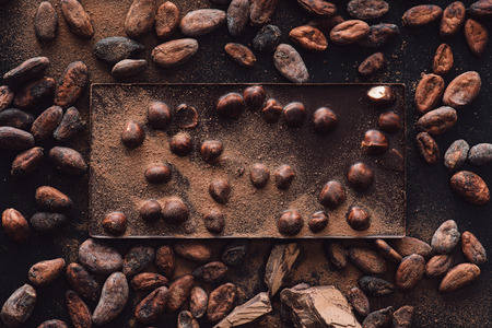 elevated view of chocolate bar with hazelnuts surrounded by cocoa beans covered by grated chocolateの写真素材