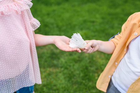 cropped shot of little kids holding shuttlecock in parkの写真素材