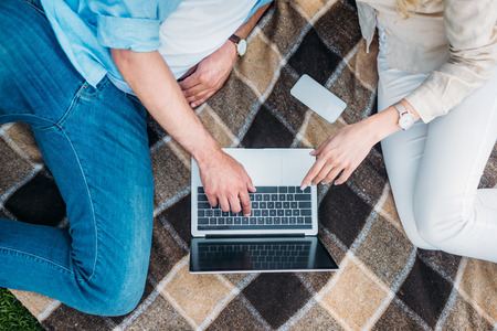 cropped shot of couple using laptop together on plaid at picnic