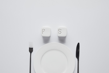 top view of plate, fork, knife, saltcellar and pepper caster on white table, minimalistic conceptの写真素材