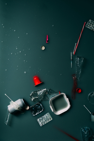 top view of garbage flowing in water, ecology protection and recycle conceptの写真素材