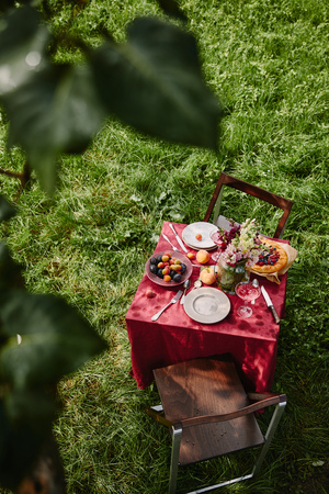 high angle view of table with food and drinks in green gardenの写真素材