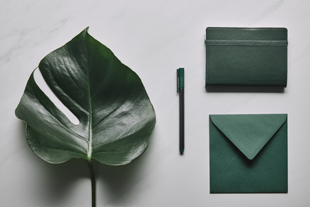 Green envelope and notebook with pen on white marble background with monstera leafの写真素材
