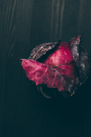 top view of red cabbage on grey dark tableの写真素材