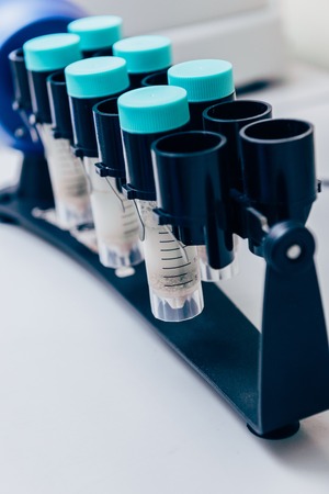 close up view of tubes with reagents in modern biotechnology laboratoryの写真素材