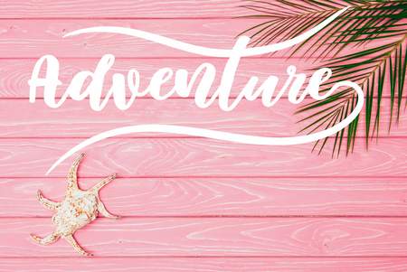 top view of seashell with palm leaves on pink wooden surface with "adventure" letteringの写真素材