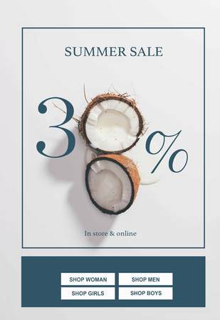 top view of halved organic tasty coconut on white with summer sale letteringの写真素材