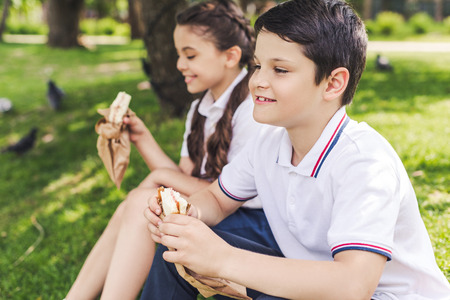happy schoolchildren sitting on grass and eating sandwiches
