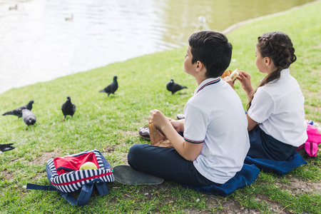 adorable schoolchildren sitting on grass and feeding birdsの写真素材