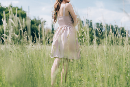 partial view of woman in stylish dress with long hair standing in meadow aloneの写真素材