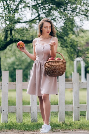 beautiful young woman with wicker basket with ripe apples at countrysideの写真素材