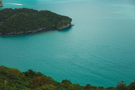 aerial view of beautiful islands and yacht in ocean at Ang Thong National Park, Ko Samui, Thailandの写真素材