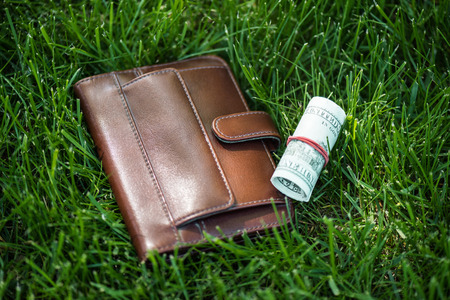 close up view of male wallet and money roll on green grass