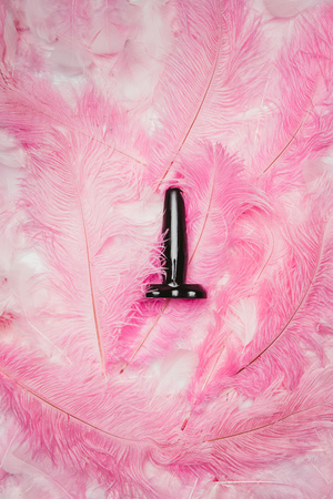 Black butt plug toy on pink feathersの写真素材