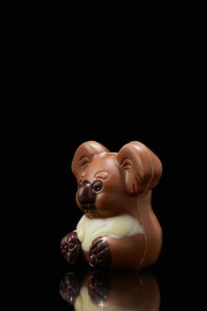 closeup shot of koala shaped chocolate on black backgroundの写真素材