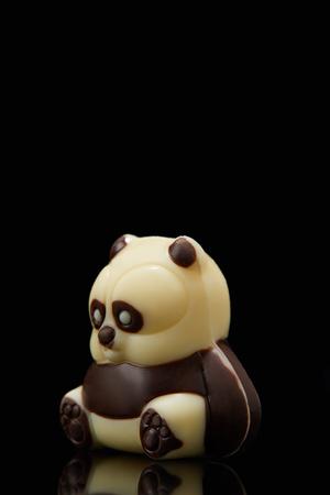 closeup shot of panda shaped chocolate on black backgroundの写真素材
