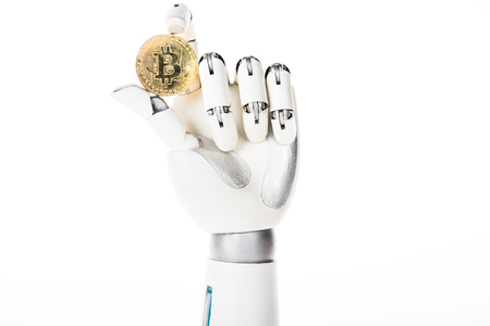 close-up view of robotic arm holding bitcoin isolated on whiteの写真素材
