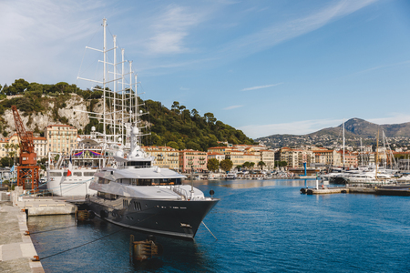 NICE, FRANCE - 17 SEPTEMBER 2017: luxury yacht in harbour of old european city located on seashoreのeditorial素材