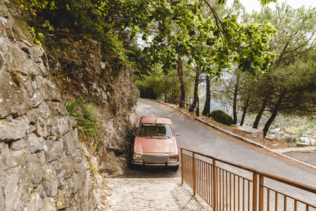 SAINTE AGNES, FRANCE - 17 SEPTEMBER 2017:  parked vintage car on road in mountains, Sainte Agnes, Franceのeditorial素材